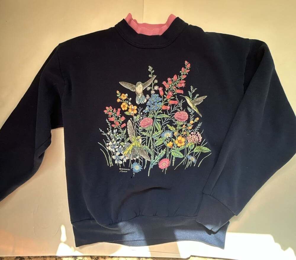 Morning Sun Hummingbird Floral Sweatshirt Size M Blue Vintage